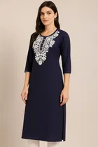 Star Design Cotton Embroidery Long Kurti For Women (Navy Blue) Size (M)
