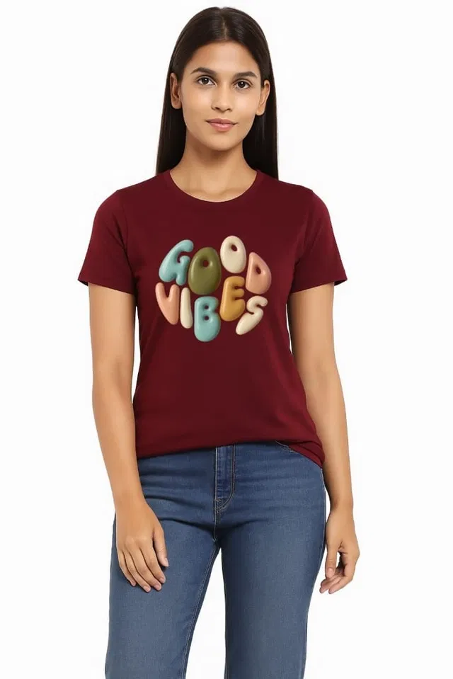 Cotton Blend Printed T-shirt for Women, Maroon (XL)