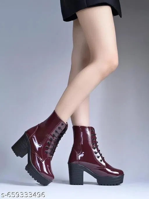 Solid Patent Leather Heeled Boots for Women Red (8)