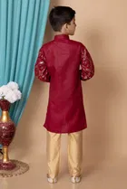 Dupion Silk Embellished Kurta with Payjama for Boys, Maroon & Golden 