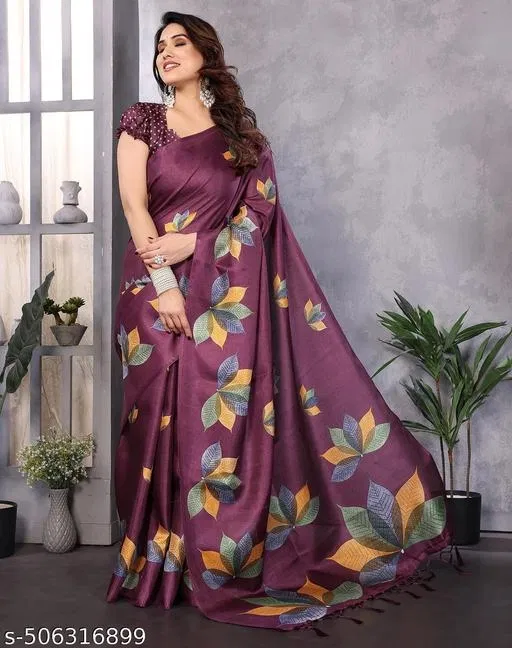 Art Silk Printed Saree for Women, Purple (6.3 m)