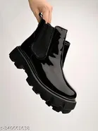 Shoetopia Solid Patent Leather Platform Heel Boots Black 
