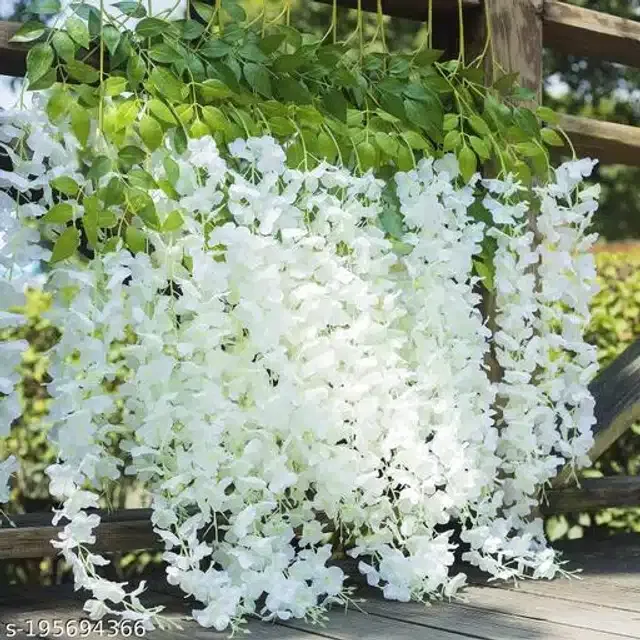 Polyester Artificial Hanging Flower Garlands (White & Green, Pack of 12)