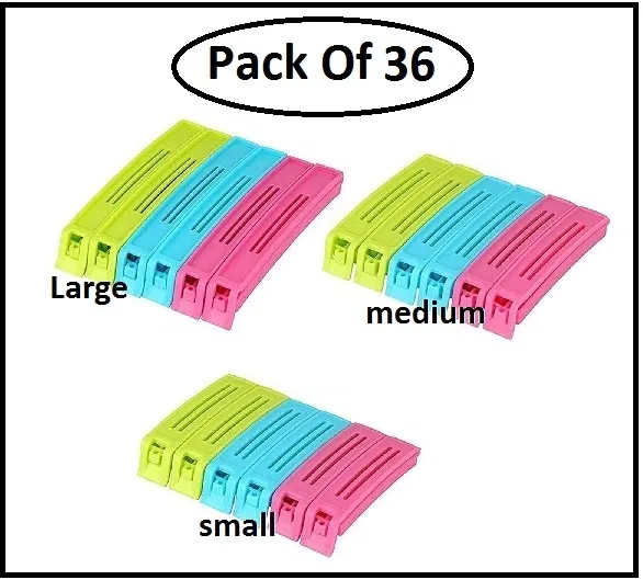Plastic Food Bags Airtight Vaccum Sealer Clips (Multicolor, Set of 36)