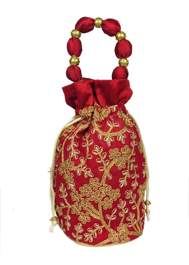 Silk Floral Ethnic Rajasthani Traditional Work Potli with Handle for Return Gifts (Maroon)
