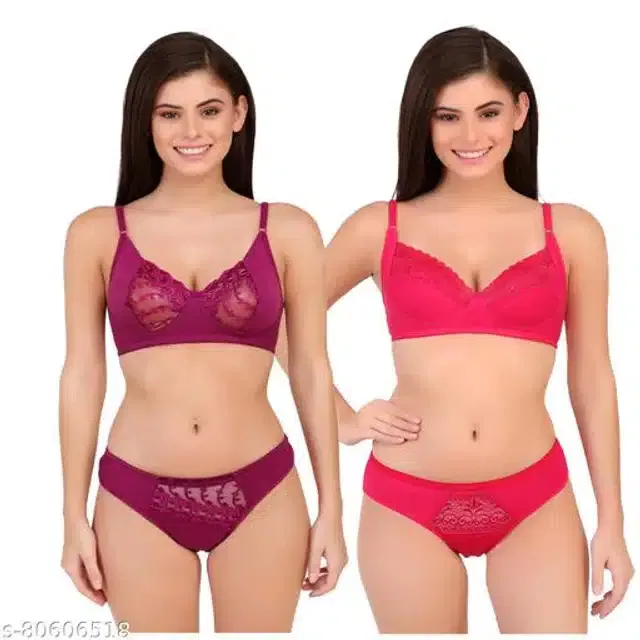Polycotton Lingerie Set for Women (Purple & Pink, 36B) (Pack of 2)