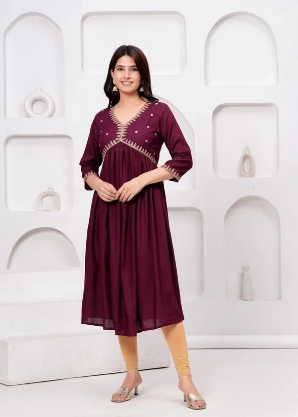 Women Embellished Viscose Rayon Anarkali Kurta (Maroon) (L)