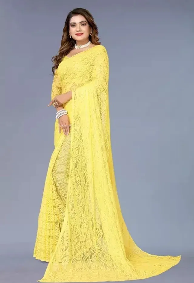 Net Floral Saree for Women (Yellow, 6.3 m)