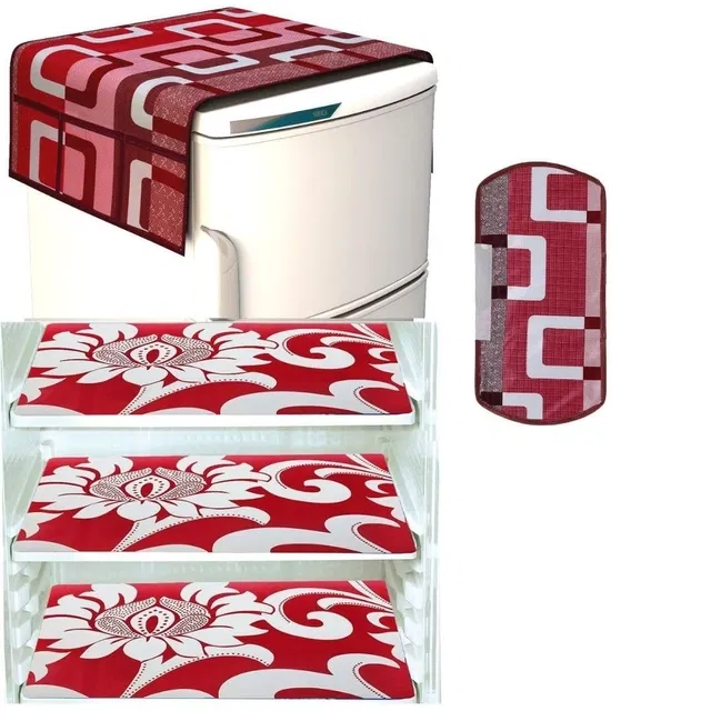 PVC Printed Fridge Top Cover with 3 Pcs Shelf Mats & Handle Cover (Multicolor, Set of 1)