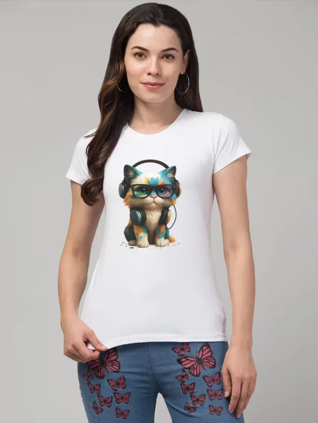 Cotton Blend Printed T-shirt for Women, White (M)