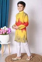 Cotton Printed Kurta with Payjama for Boys, Yellow & White 