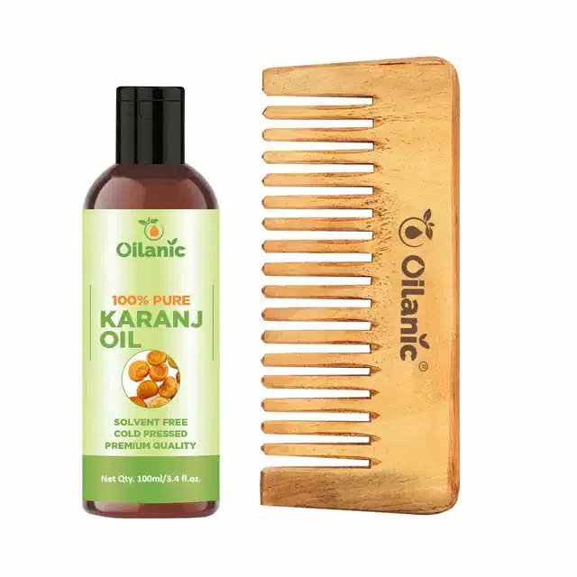 Natural Karanj Oil (100 ml) & Herbal Handmade Neem Wooden Comb (5.5 inches) Combo (Pack of 2)