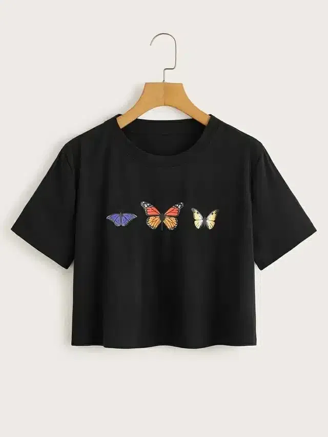 Printed Crop T-shirt for Women (Black, S)