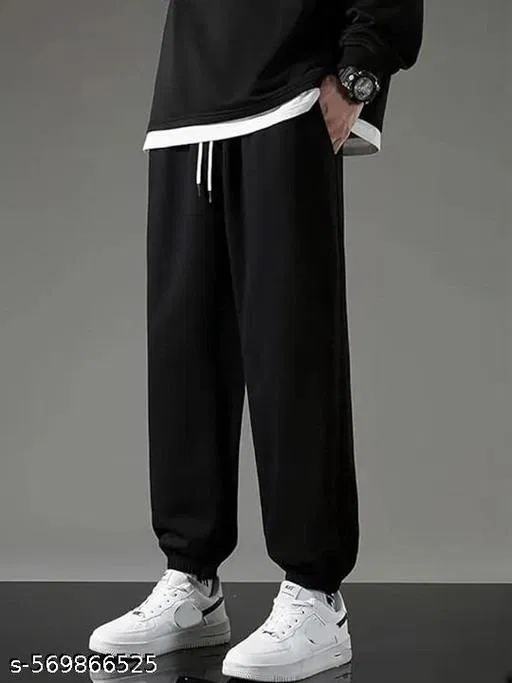 Cotton Blend Solid Trackpant for Men, Black (XL)