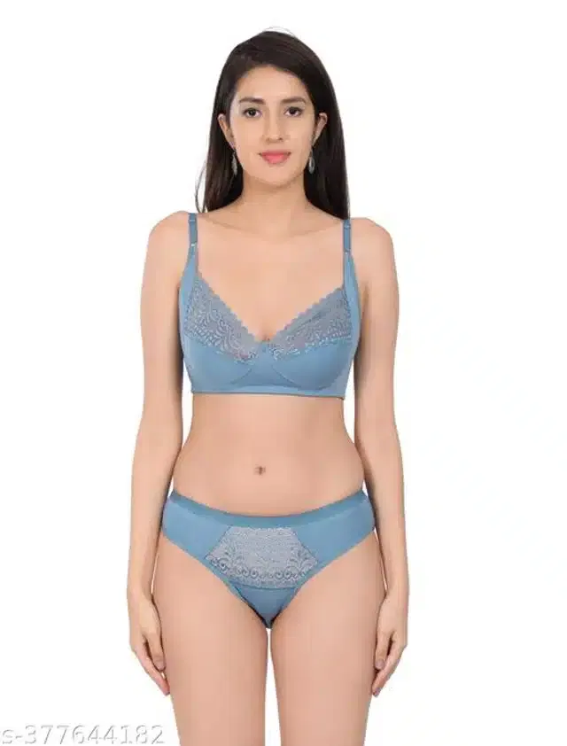 Polycotton Bra with Panty for Women (Teal, 36A)