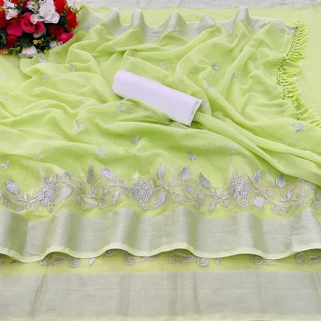 Chanderi Cotton Embroidered Saree for Women (Green, 6.3 m)