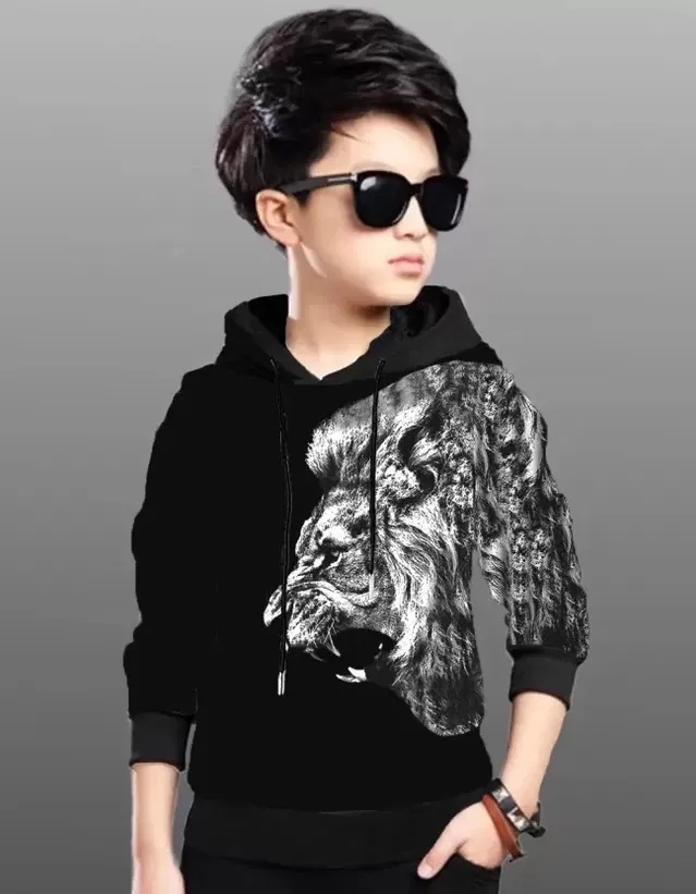 Cotton Blend Round Neck Hoodie for Boys (White & Black, 13-14 Years)