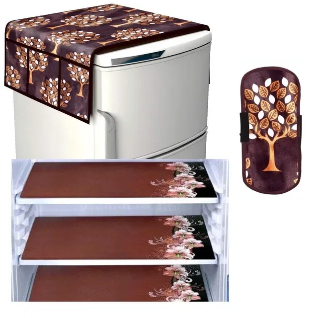 PVC Printed Fridge Top Cover with 3 Pcs Shelf Mats & Handle Cover (Multicolor, Set of 1)