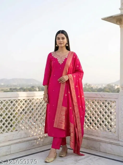 Embroidered Acrylic Kurta Set for Women (Beige, XXL)