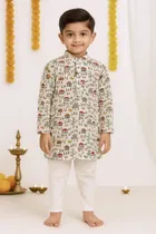 Cotton Printed Kurta with Payjama for Boys, Red & White 