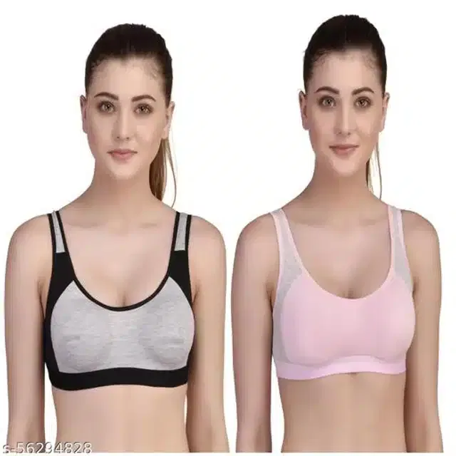 Polycotton Sports Bra for Women (Black & Pink, 30B) (Pack of 2)