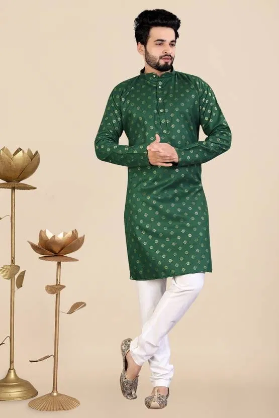 Cotton Blend Printed Kurta for Men (Bottle Green, M)