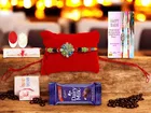Combo of Metal Rakhi, Greeting Card, Roli  & Chocolate 