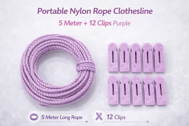 Portable Nylon Rope Clothesline 5 Meter + 12 Clips Purple