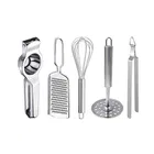 Oc9 Stainless Steel Lemon Squeezer & Cheese Grater & Egg Whisk & Potato Masher & Roti Chimta Kitchen Tool Set 