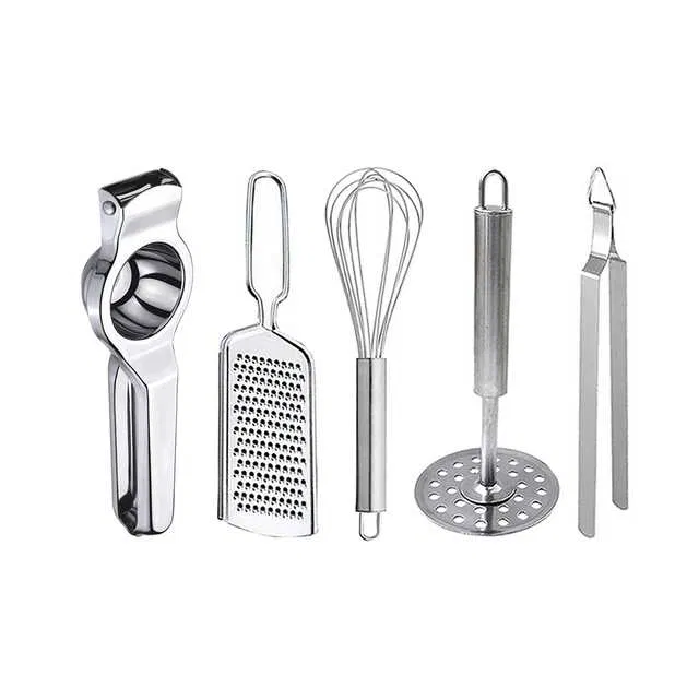 Oc9 Stainless Steel Lemon Squeezer & Cheese Grater & Egg Whisk & Potato Masher & Roti Chimta Kitchen Tool Set (O-103)