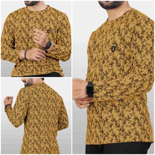 Round Neck Printed T-Shirt for Men (Mustard & Black, L)