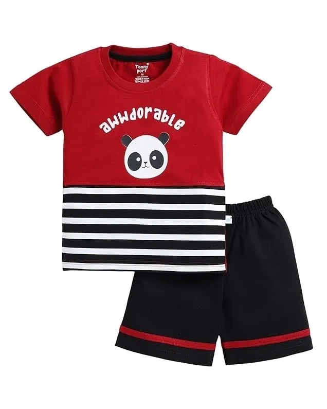 Cotton Blend Printed Clothing Set for Boys (Red & Black, 18-24 Months)