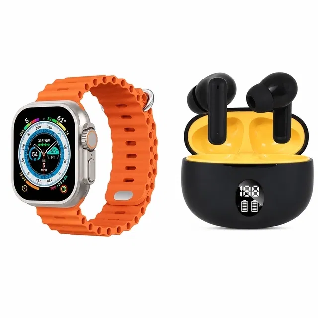 TecSox 2.19" Screen BT Calling Smart Watch (Orange) and PODS TWS Earbuds with Battery Display (Black & Yellow) (Combo Pack)
