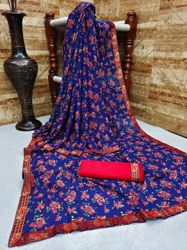 कानूड़ा फैंसी विमेंस जॉर्जेट फ्लावर प्रिंटेड साड़ी (ब्लू, 5.5 M) (K21)