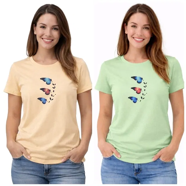 Cotton Blend T-shirt for Women, Green & Peach, Pack of 2 (S)