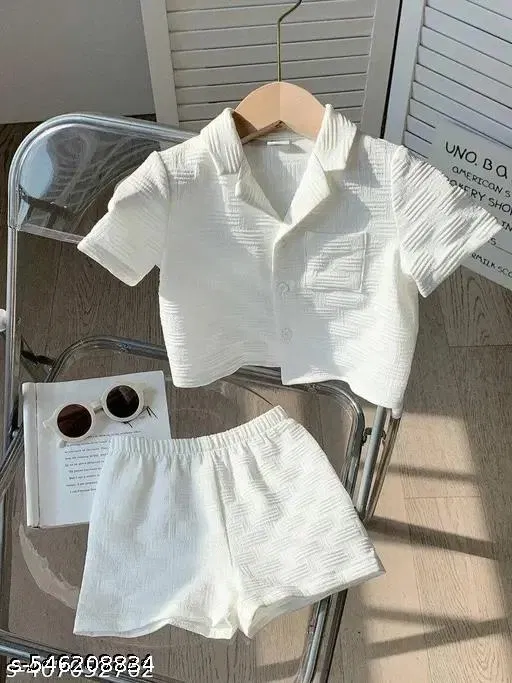 Cotton Blend Shirt and Short Set for Boys (White, 4-5 Years)