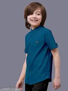Solid Cotton Blend Mandarin Collar Short Sleeve Shirt for Boys 