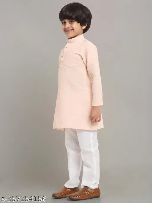 Cotton Blend Kurta with Pyjama for Boys (Peach & White, 3-4 Years)