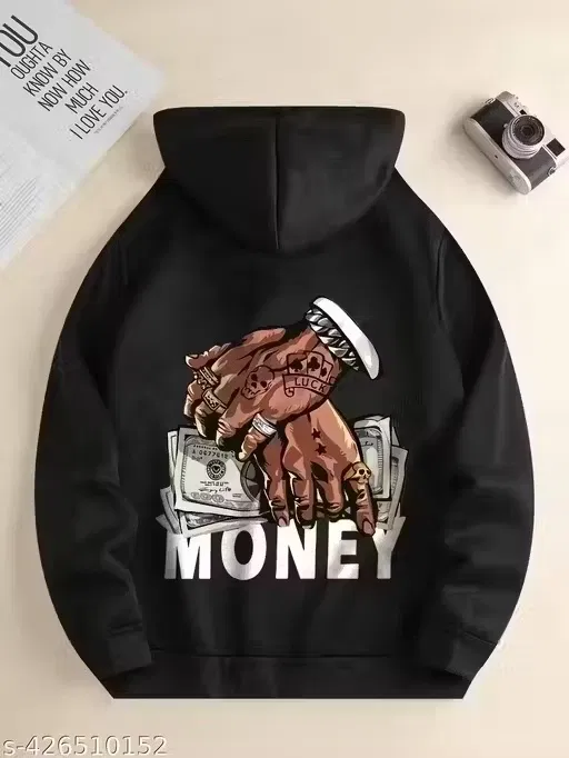 Money Backprinted Fleece Hoodie for Men (Black, M)