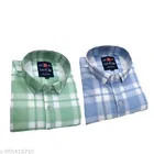 Cotton Blend Checked Shirt for Men, L-Green & Blue 