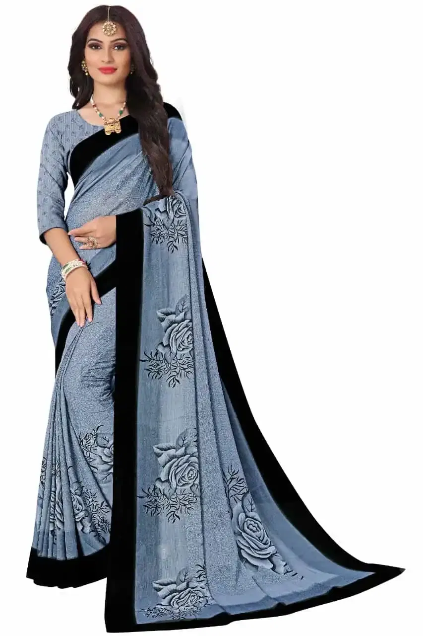 Kanooda Fancy Women Georgette Flower Printed Saree (Grey) (K-059)