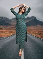 Cotton Blend Printed Kurti with Pant & Dupatta Set for Women (Multicolor, XXS)