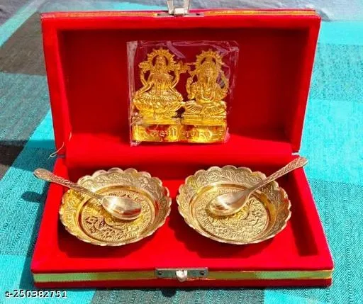 Laxmi Ganesh Ji Bowl and Spoon Set, Pack of 4 (Yellow, 4)