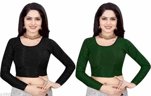 Lycra Ready Made Blouse for Women, Green & Blue, Pack of 2 (34)