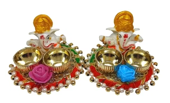 Metal Decoretive Pooja Thali, Multicolour Pack of 2