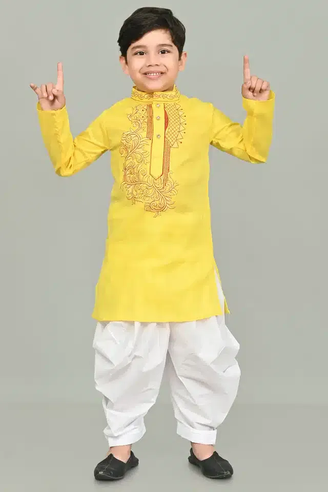 Cotton Embroidered Kurta with Patiyala Set for Boys (Yellow & White, 1-2 Years)