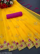 Net Dyed/ Washed Saree for Women, Yellow 
