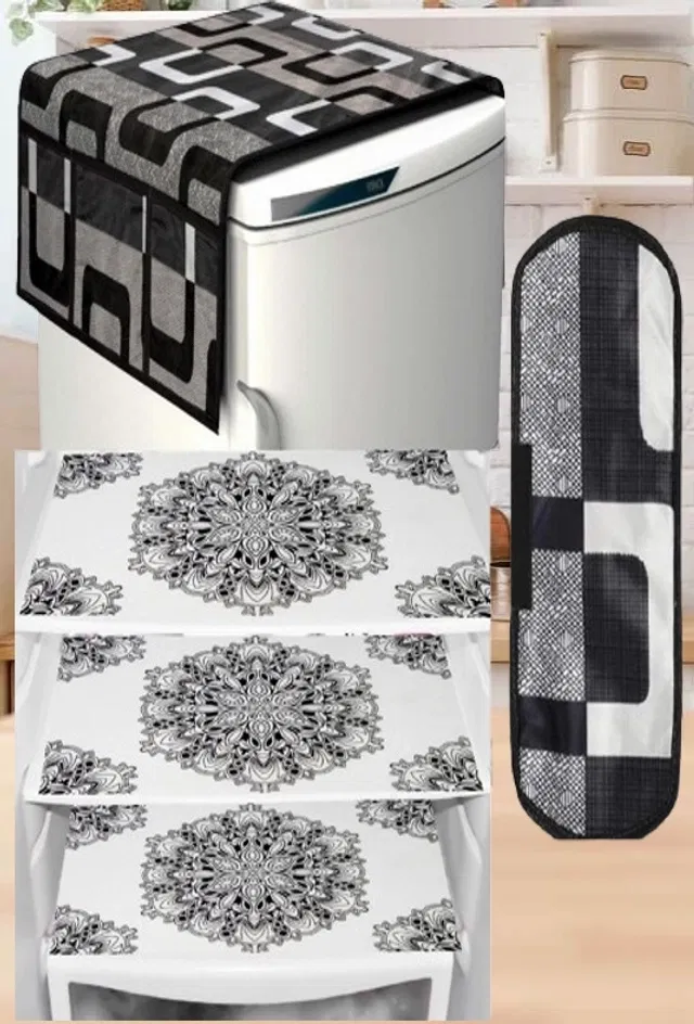 PVC Printed Fridge Top Cover with 3 Pcs Shelf Mats & Handle Cover (Multicolor, Set of 1)
