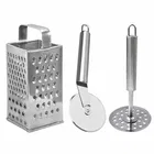 Oc9 स्टेनलेस स्टील 4 in 1 स्लाइसर एंड ग्रेटर & पिज़्ज़ा कटर & पोटैटो मेशर फॉर किचन टूल सेट