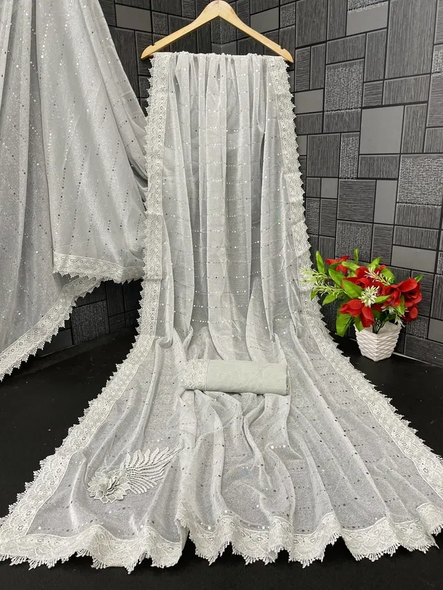 Lycra Blend Solid Saree for Women, White (6.3 m)